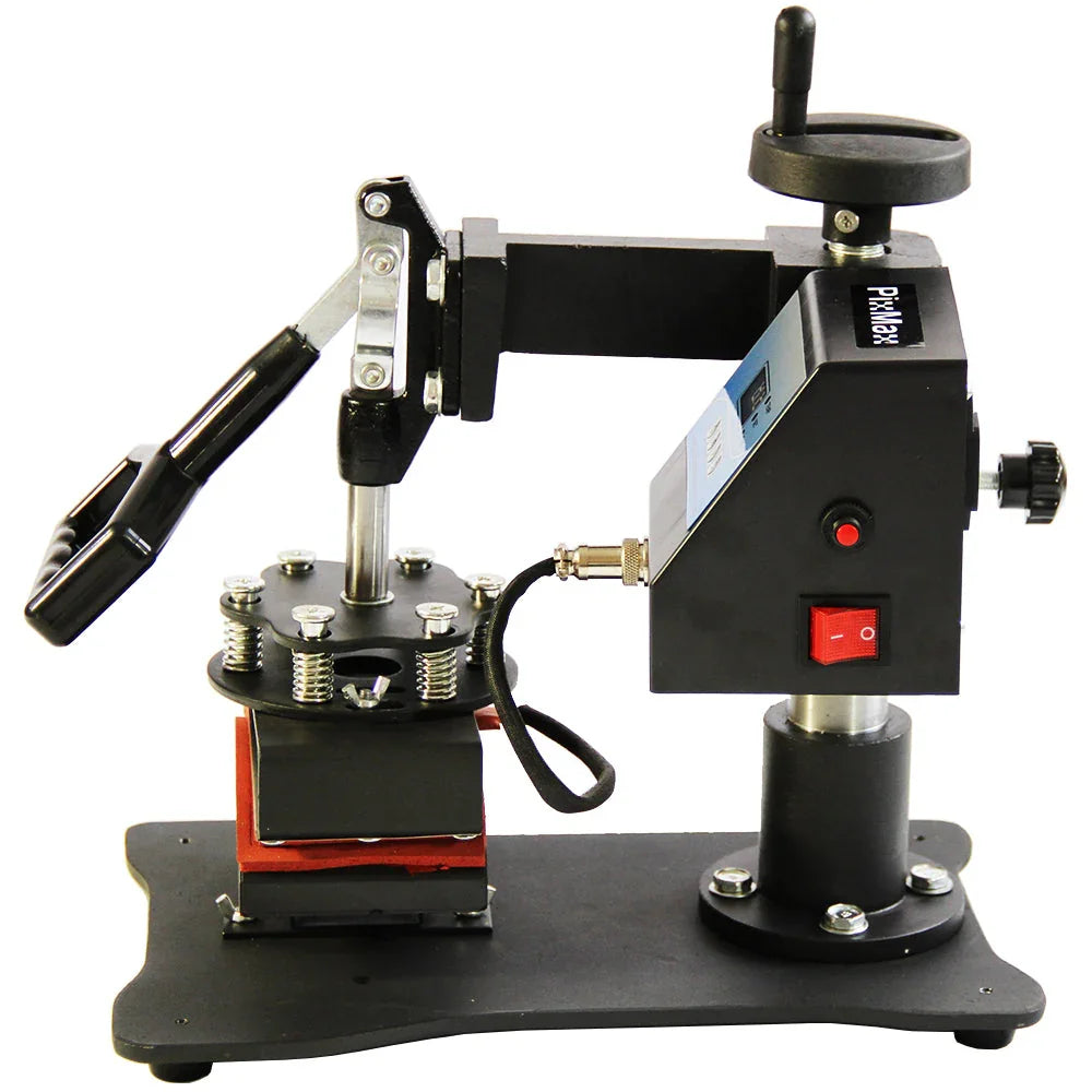 Sublimation cap heat press machine with a sturdy black base, adjustable handle, and digital control panel for precise temperature settings