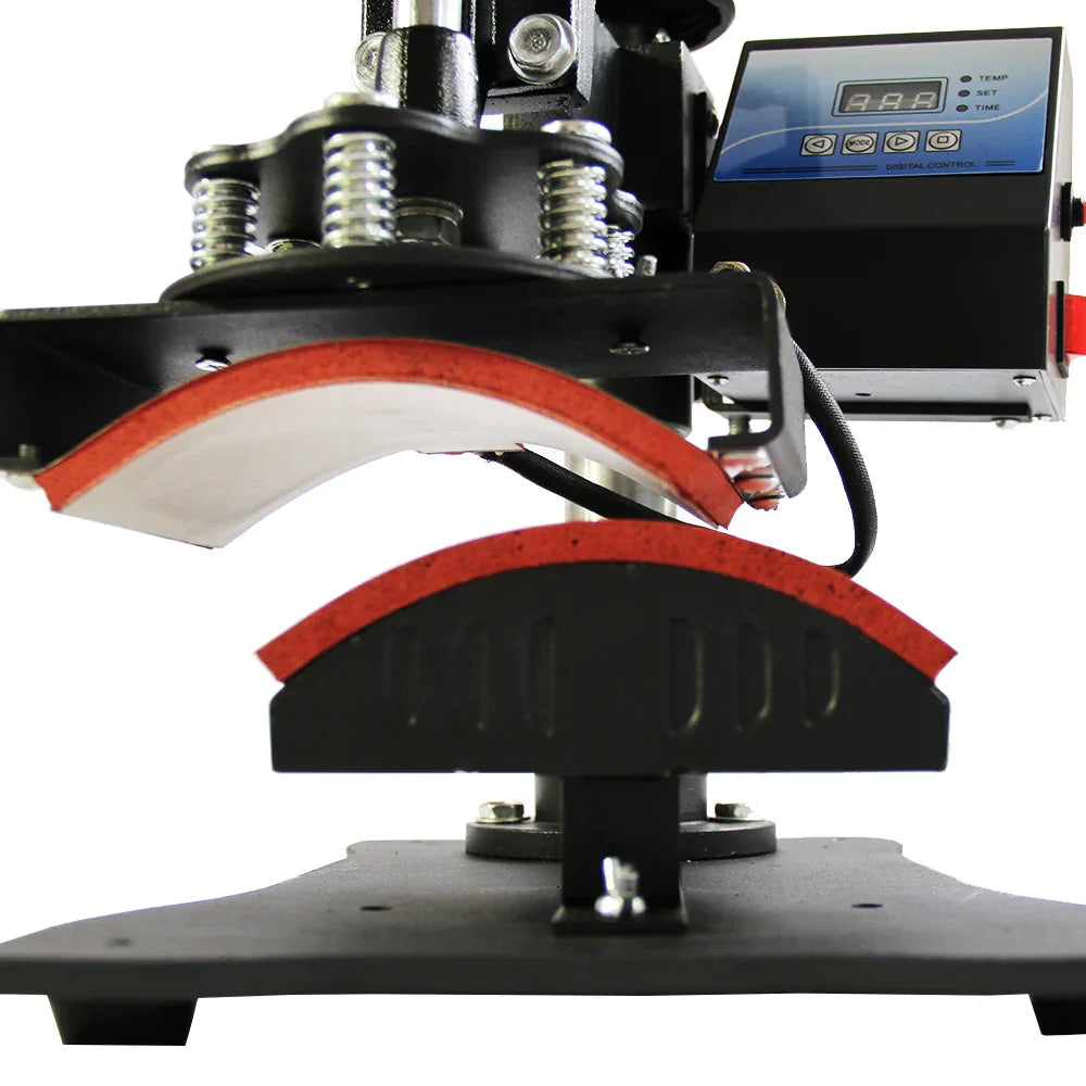 PixMax Sublimation Cap Heat Press Machine with curved heating plates, sturdy base, and digital control panel for precise temperature settings