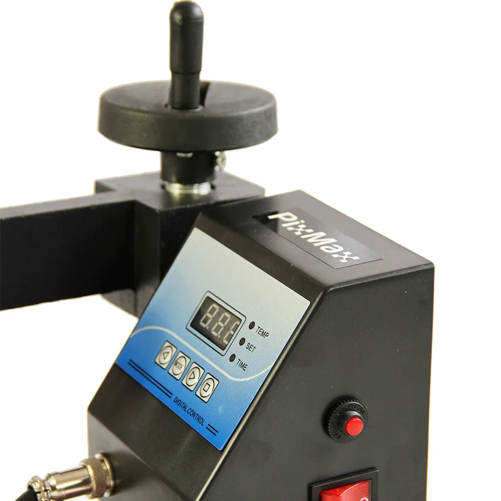 PixMax Sublimation Cap Heat Press Machine with digital display, adjustable pressure knob, and control buttons for precise operation