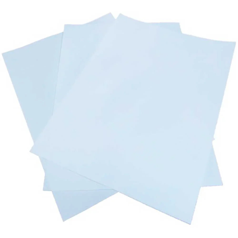 Four light blue sublimation transfer sheets stacked together, ideal for use with the PixMax Sublimation Cap Heat Press Machine