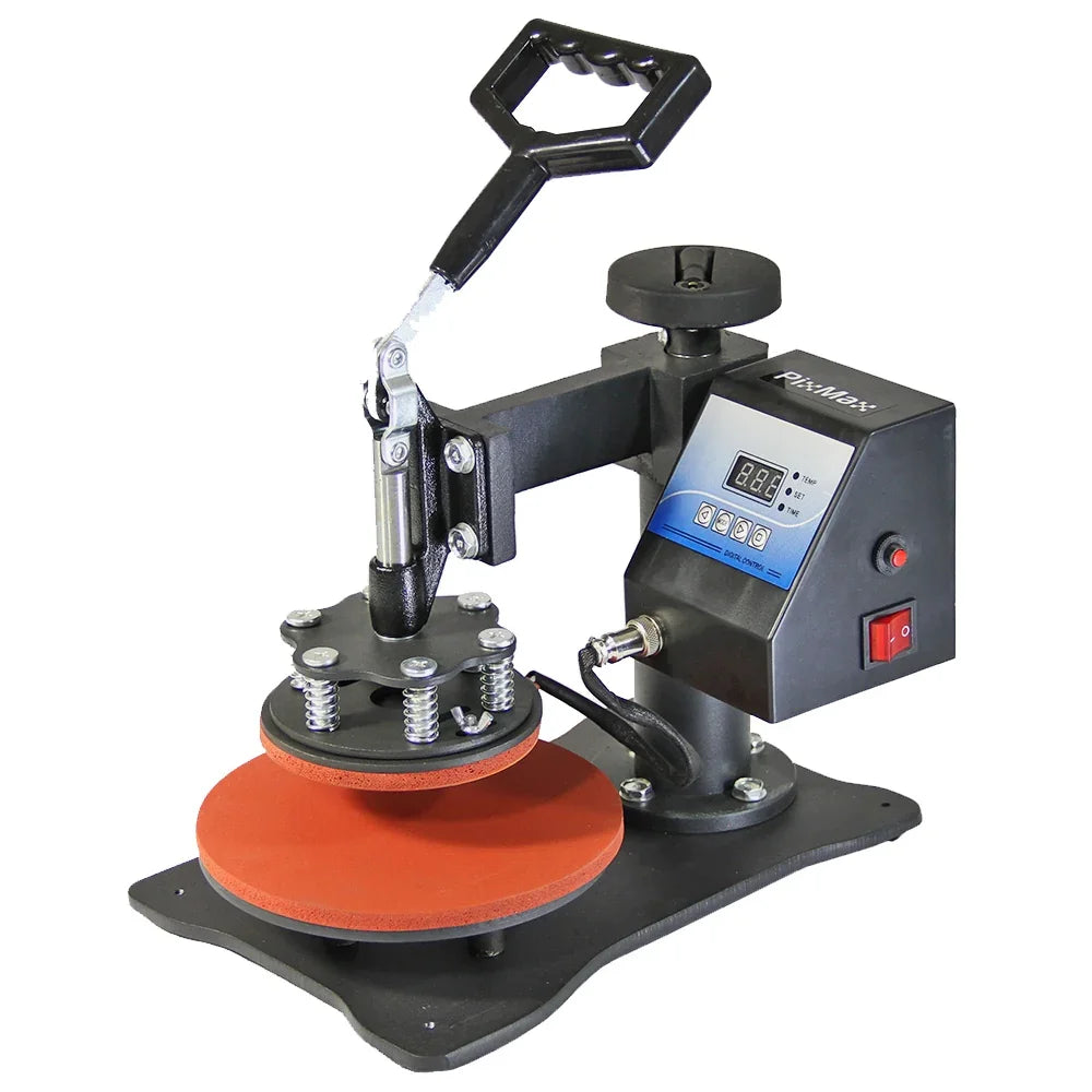 Plate press with a sturdy black frame, red heating plate, digital display, and adjustable pressure knob for precise printing results