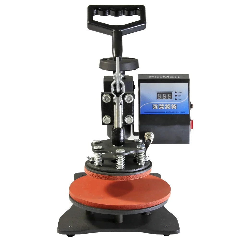 Plate press with red silicone pads, adjustable pressure handle, and digital display for precise temperature control, ideal for sublimation printing