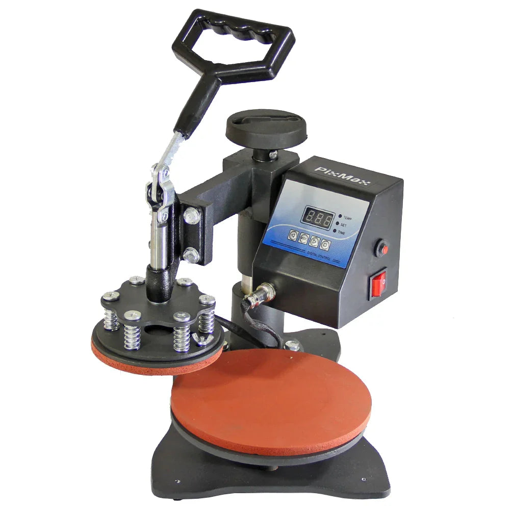 PixMax Plate Heat Press & Printer featuring a sturdy black base, red heat plate, and digital display for precise temperature control
