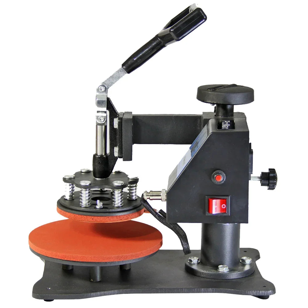 Plate press with a red silicone pad, adjustable pressure knob, and sturdy black base, ideal for heat transfer printing projects