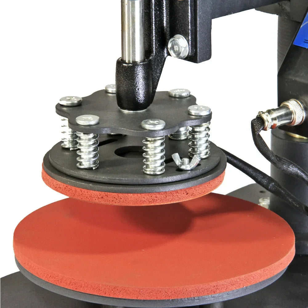 Red silicone pads on a plate press, showcasing the adjustable spring mechanism for even pressure during printing