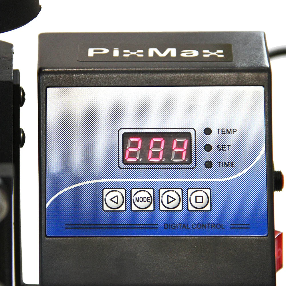 Digital control panel of the PixMax Plate Heat Press & Printer, featuring a bright LED display for temperature and time settings