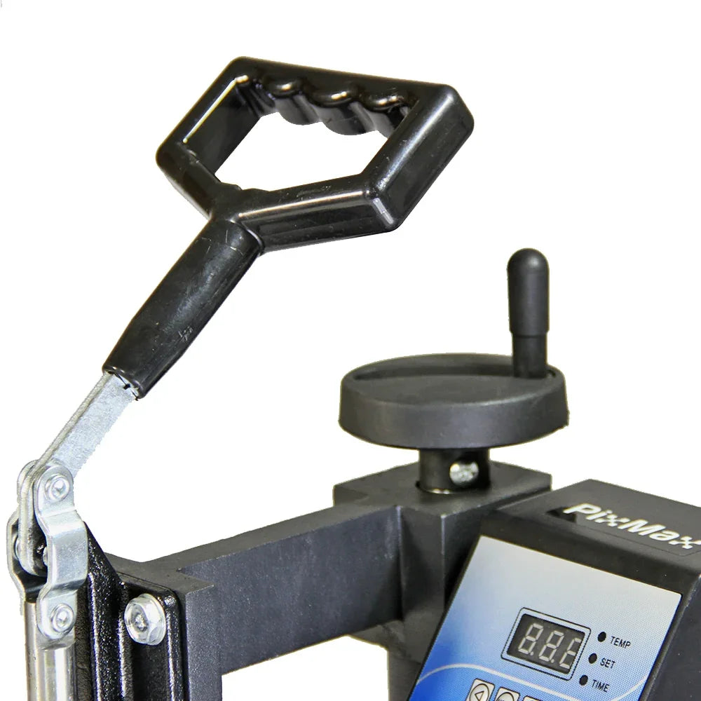 Plate press handle with textured grip, digital temperature display, and adjustable pressure knob for precise printing control