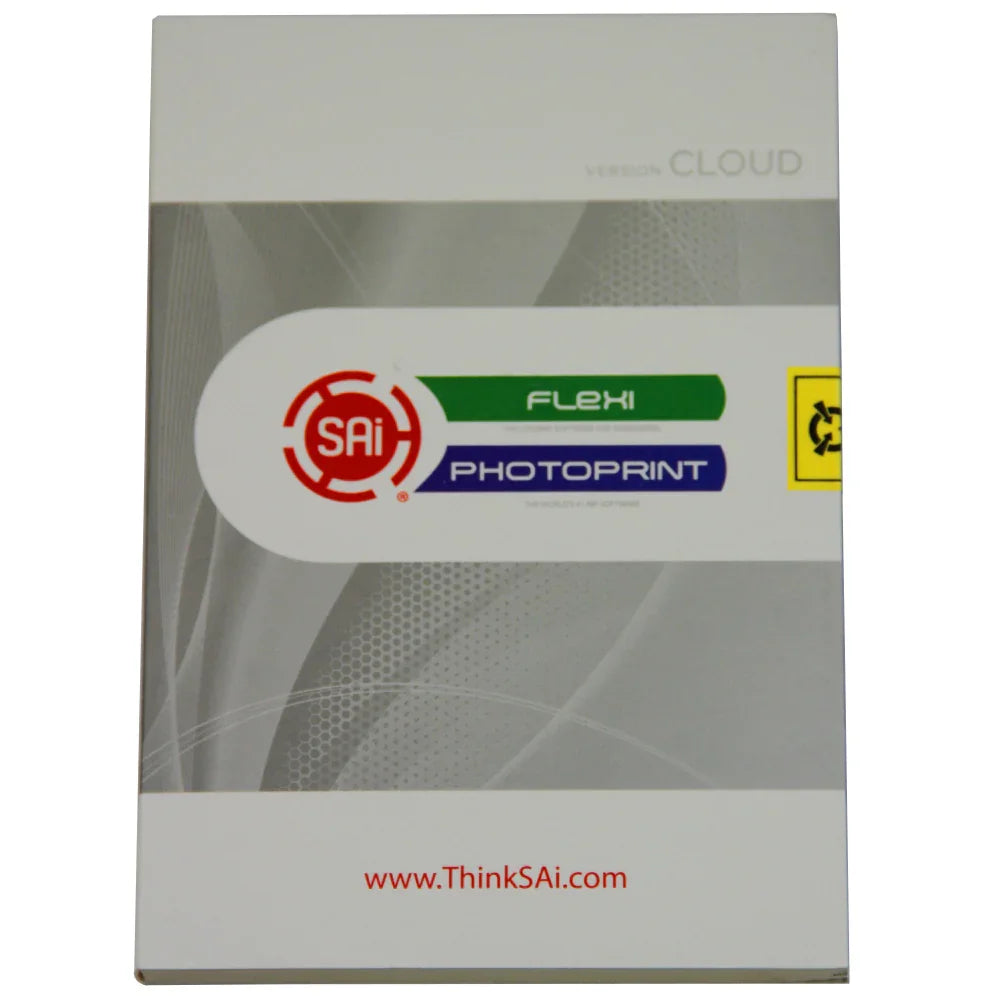 SAi Flexi Photoprint software box featuring a sleek design with a modern gray background and colorful logo, ideal for vinyl cutting