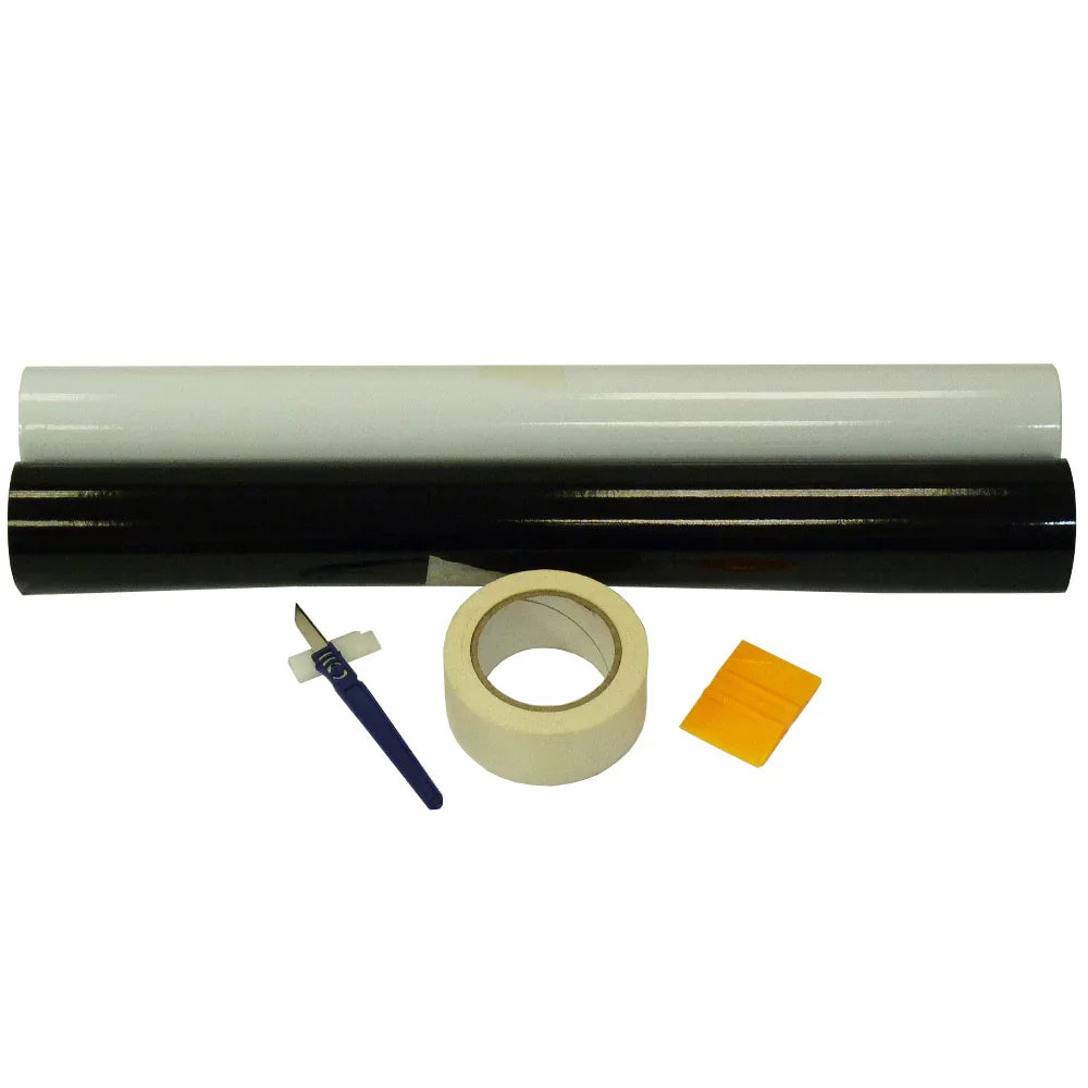 PixMax Vinyl Cutter Plotter accessories including black and white vinyl rolls, transfer tape, a weeding tool, and a squeegee