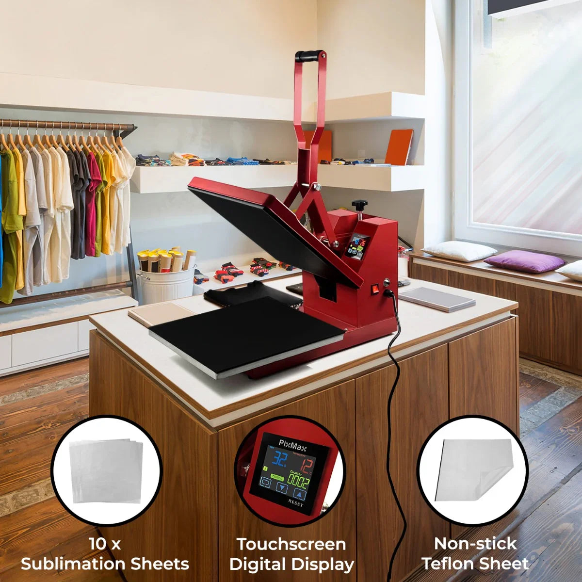 Clam Heat Press 38 x 38cm in red with touchscreen display, non-stick Teflon sheet, and 10 sublimation sheets on a worktable