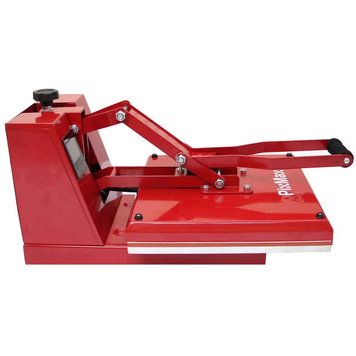 Red 38cm clam press with a sturdy base, adjustable lever, and flat heating surface, ideal for heat transfer applications