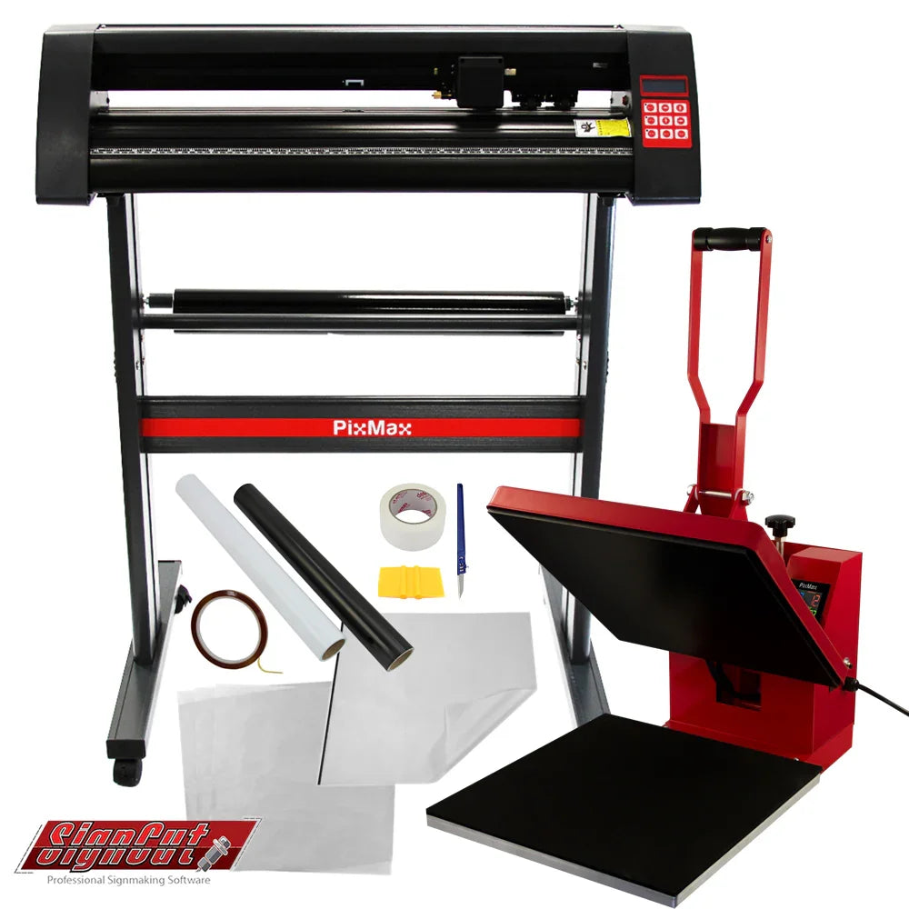 PixMax 38cm clam heat press and vinyl cutter with a sleek black and red design, includes tools and materials for crafting projects