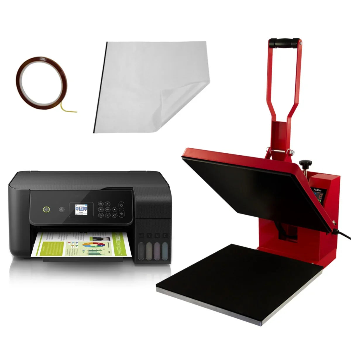PixMax T-Shirt Sublimation Heat Press Machine in red, featuring a 38cm x 38cm clam design, with included transfer paper and tape