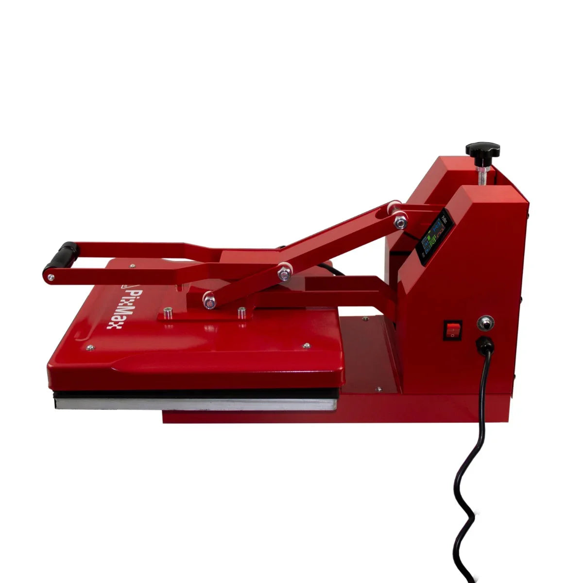 PixMax red sublimation heat press machine, 38cm x 38cm clam design with adjustable handle and digital control panel for precise heat transfer
