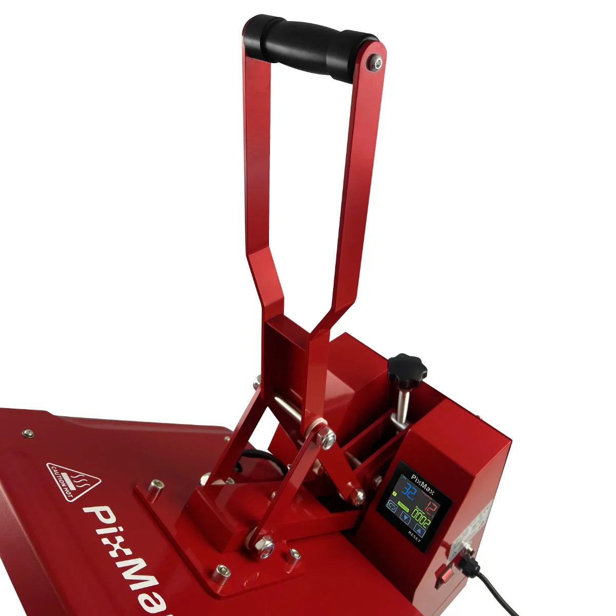 PixMax red sublimation heat press machine with a clam design, featuring a sturdy handle and digital control panel for precise settings
