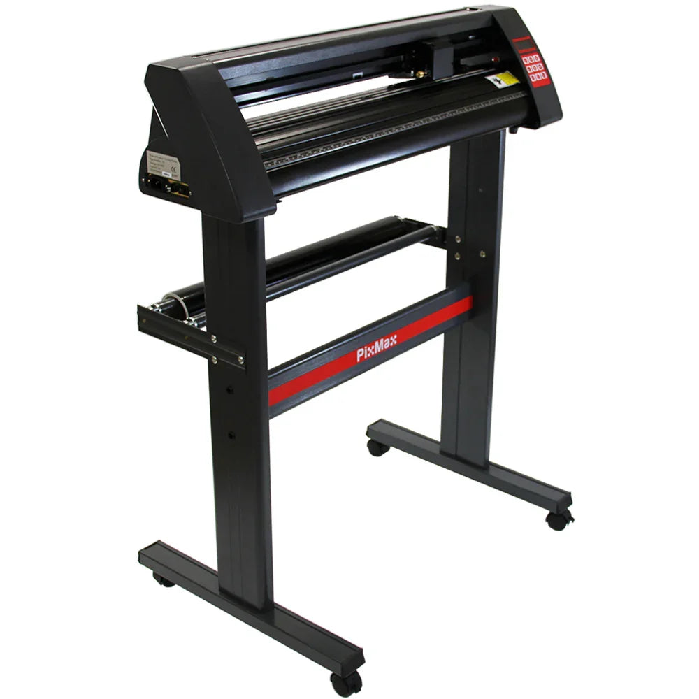 PixMax 72cm vinyl cutter with a sleek black frame, adjustable stand, and wheels for easy mobility, ideal for sign making and crafting