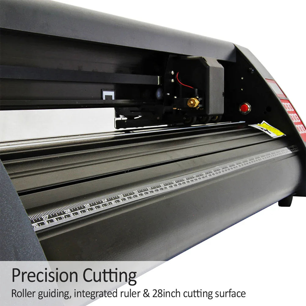 PixMax Vinyl Cutter features a sleek black design with a 28-inch cutting surface, integrated ruler, and precision roller guiding for accurate cuts