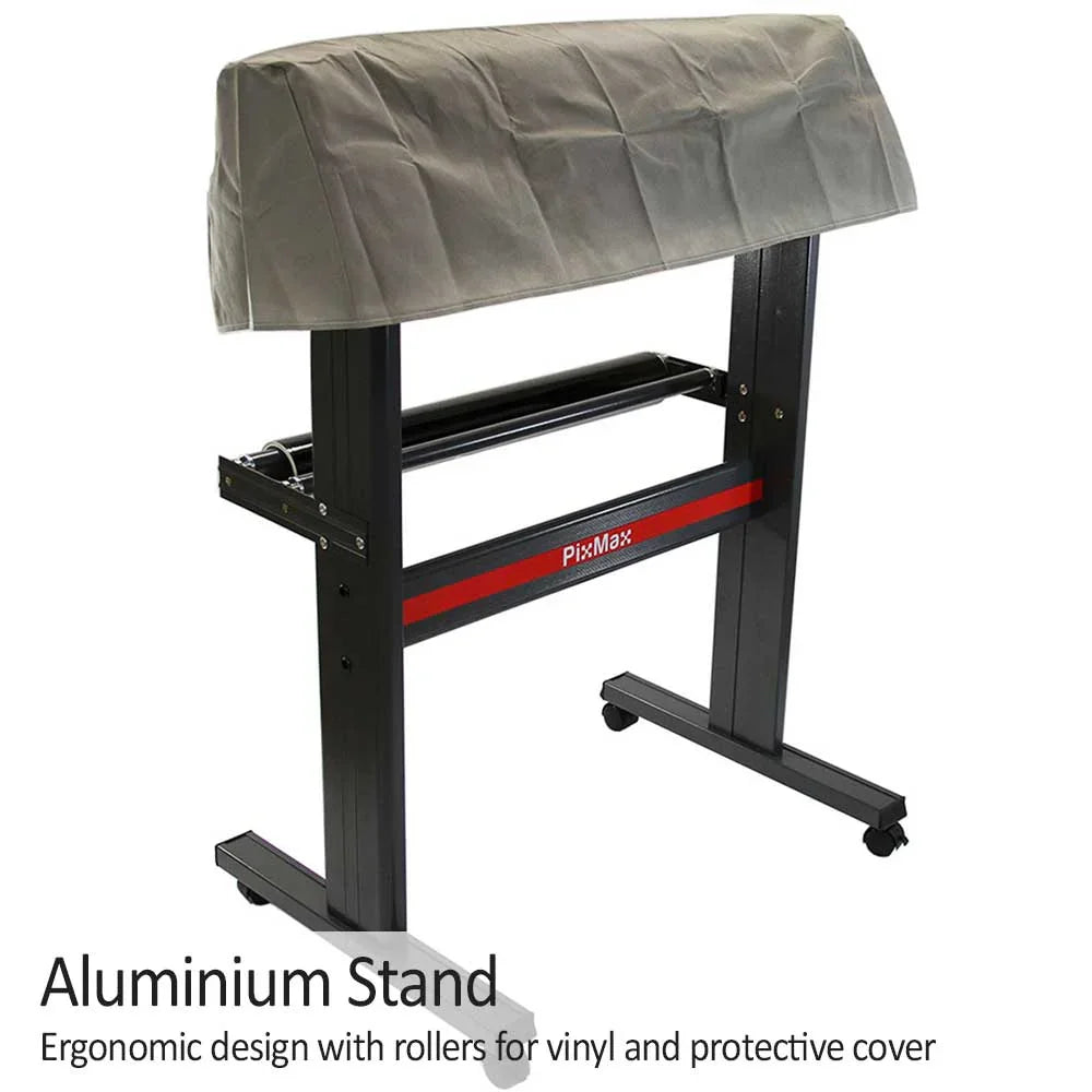 PixMax vinyl cutter stand featuring a sturdy aluminum frame, ergonomic design, and protective cover, ideal for workspace organization