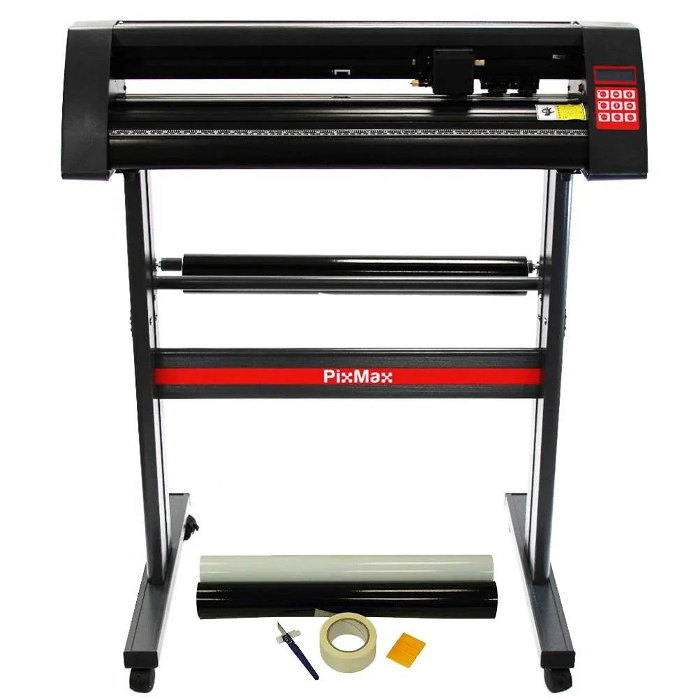 PixMax Vinyl Cutter Plotter with a sleek black design, includes SignCut Pro software and weeding tools for precise cutting