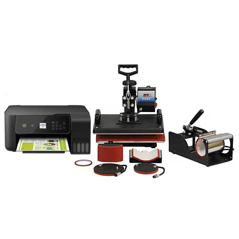 PixMax 5 in 1 heat press and printer set featuring a black printer, red heat press machine, and various attachments for versatile printing
