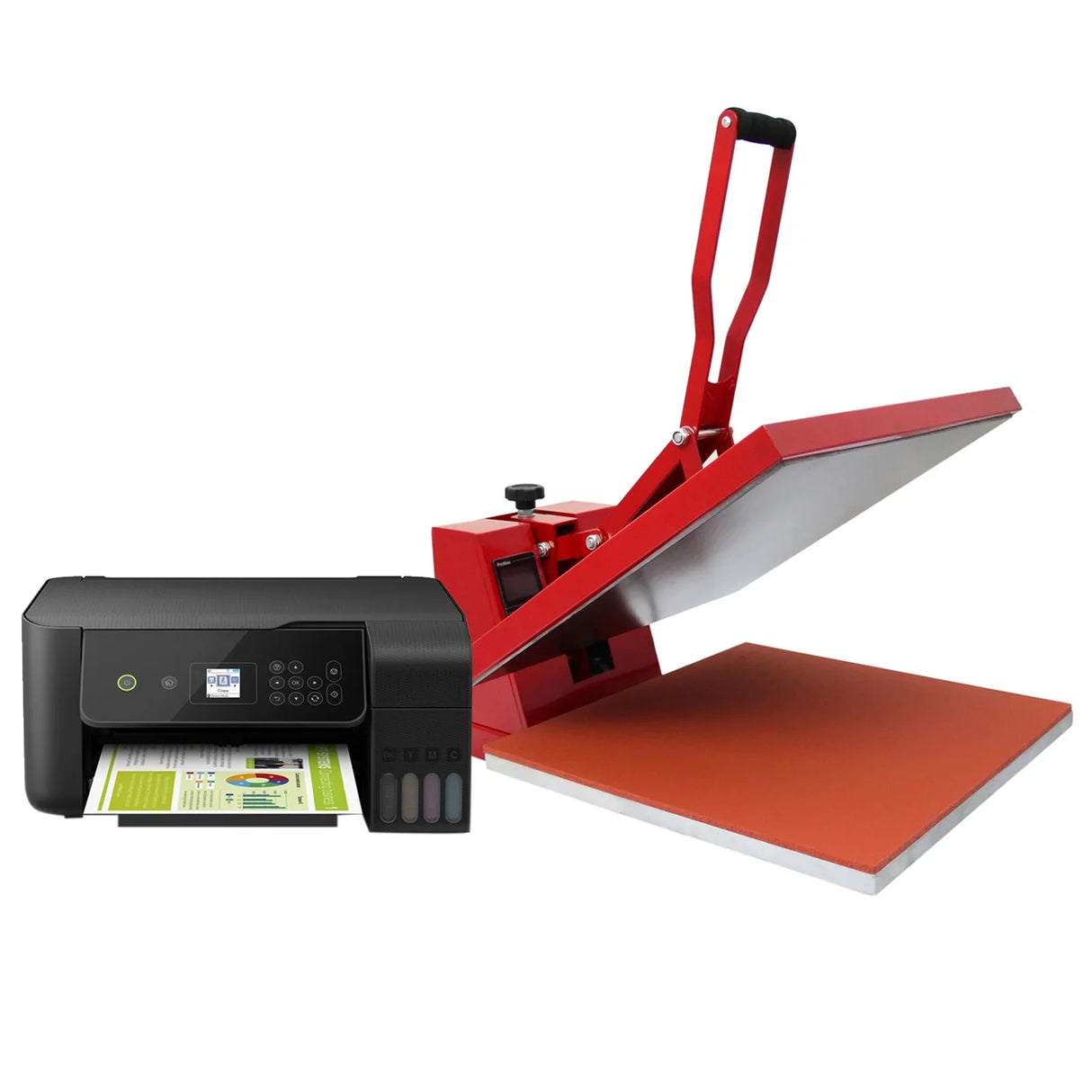 PixMax 50cm clam heat press in red with a flat pressing surface and a black printer, ideal for custom printing projects
