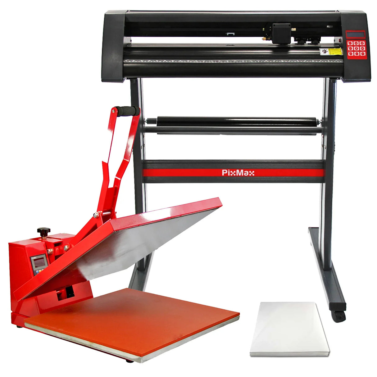 PixMax 50cm clam heat press in red with a vinyl cutter, featuring a large flat surface and adjustable lever for easy operation