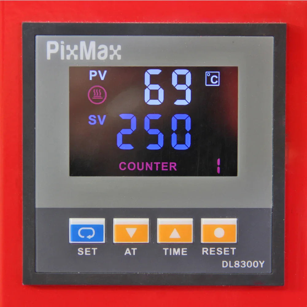 Digital display of the PixMax 50cm Clam Heat Press showing temperature settings and timer, with a sleek, modern interface
