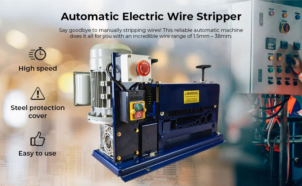 Automatic electric wire stripper with a steel protection cover, featuring a blue body, red buttons, and a high-speed motor for efficient wire stripping