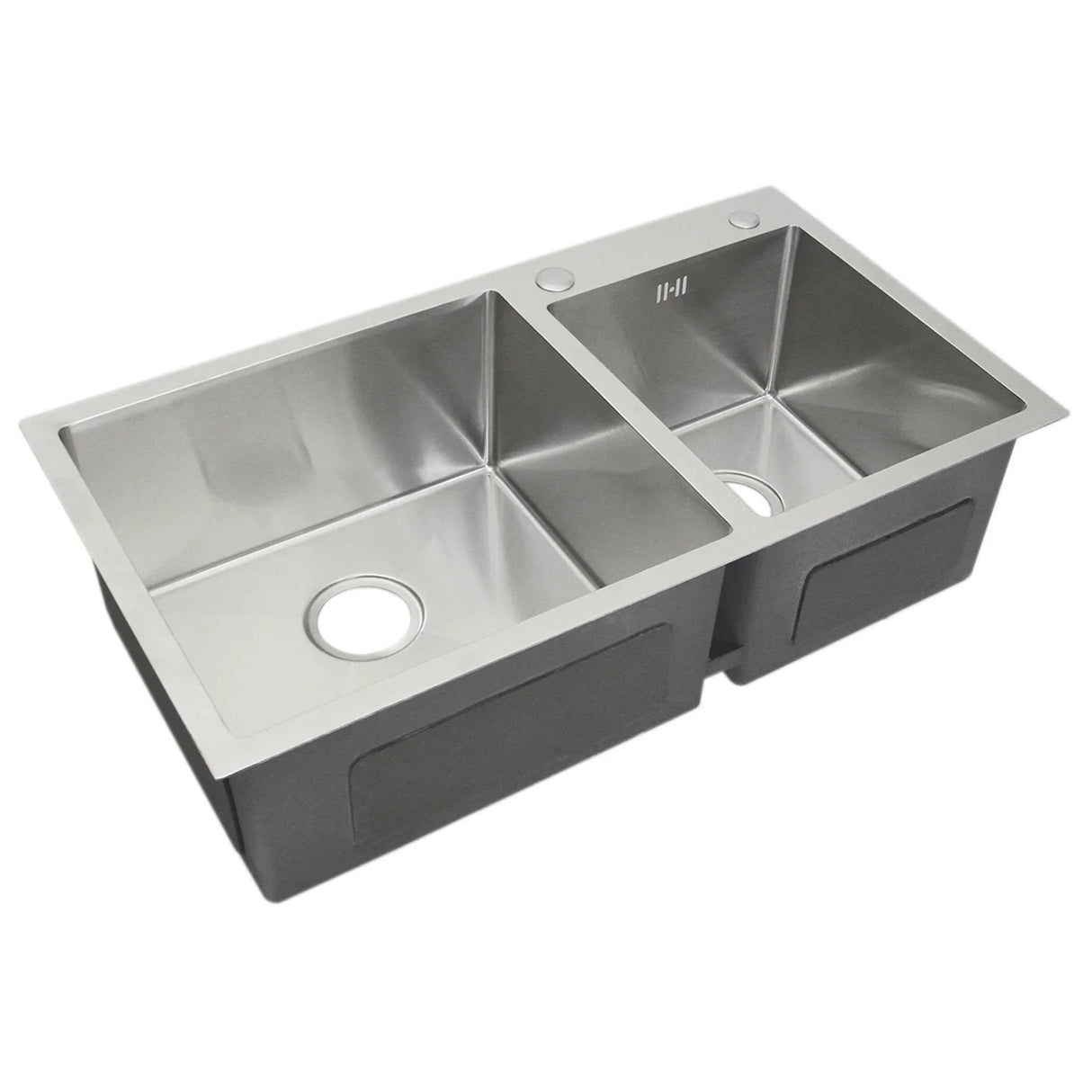 KuKoo double stainless steel sink featuring two spacious, rectangular basins with a sleek, brushed finish and pre-drilled holes