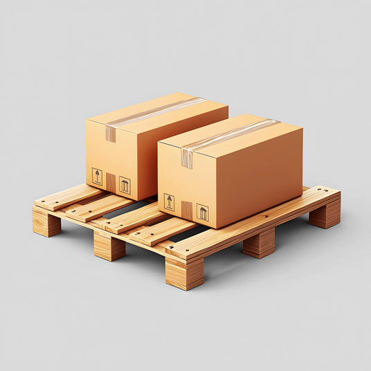 Two large brown cardboard boxes with tape, stacked on a wooden pallet, set against a light gray background