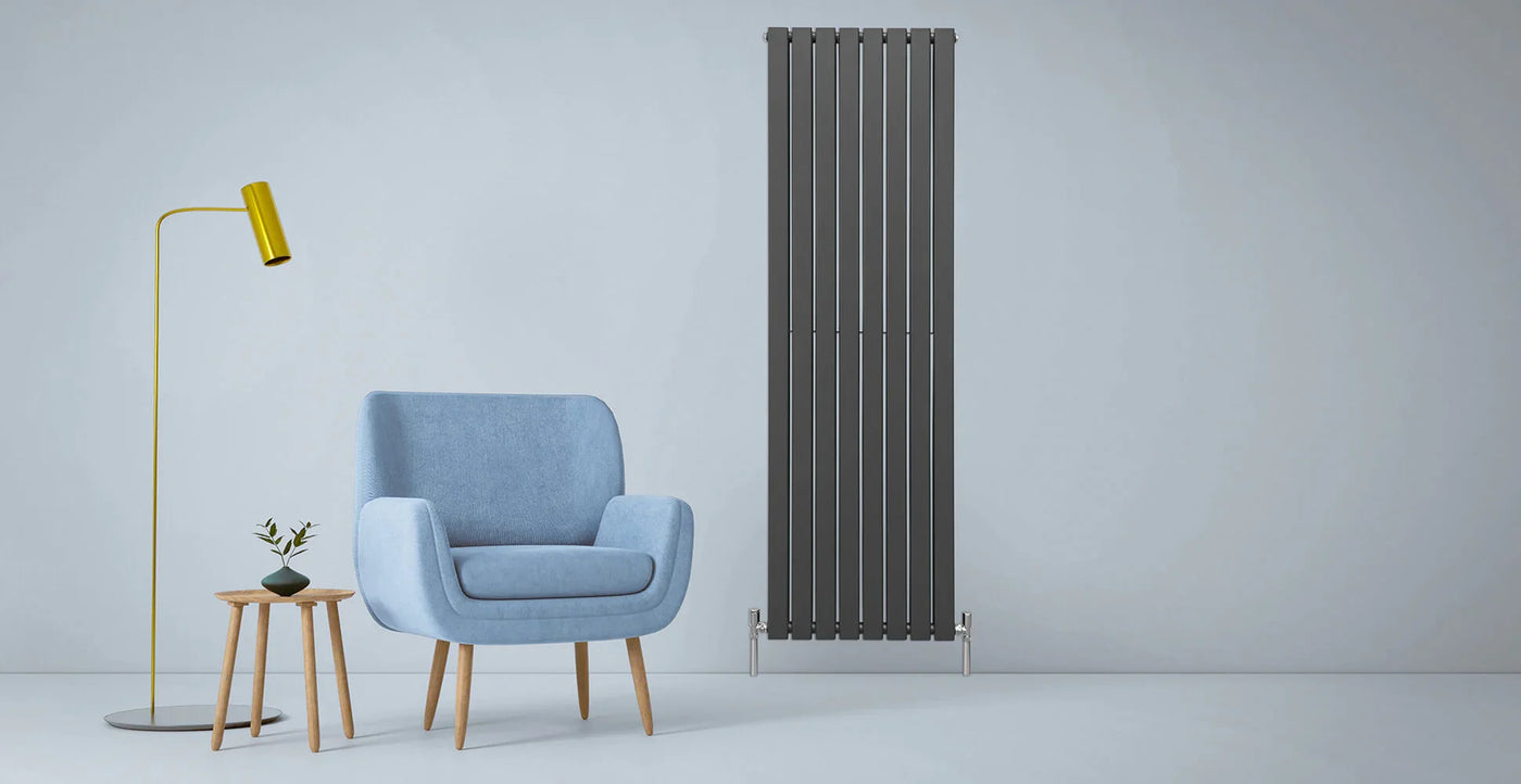 Stylish blue armchair beside a wooden side table with a small plant, a sleek gold floor lamp, and a tall black radiator on a light wall