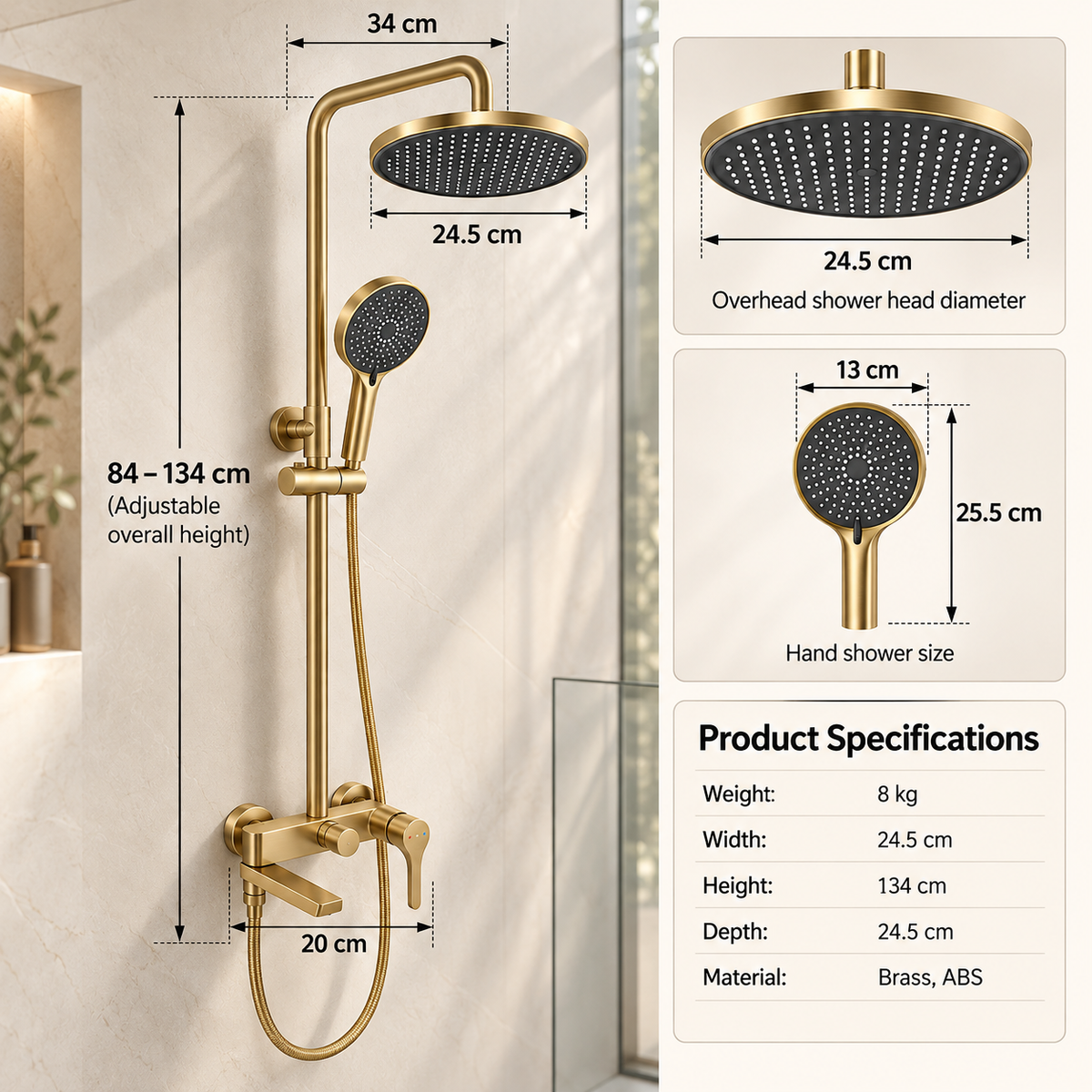Premium Exposed Shower Set with Rainfall Head and Bath Spout – Brushed Gold