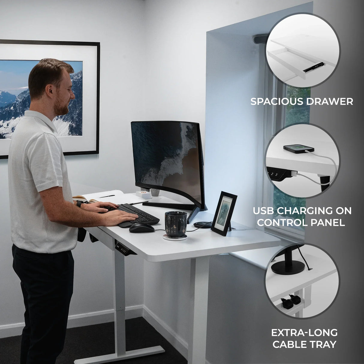 Electric standing desk with a spacious drawer, sleek white finish, adjustable height, USB charging, and cable management tray
