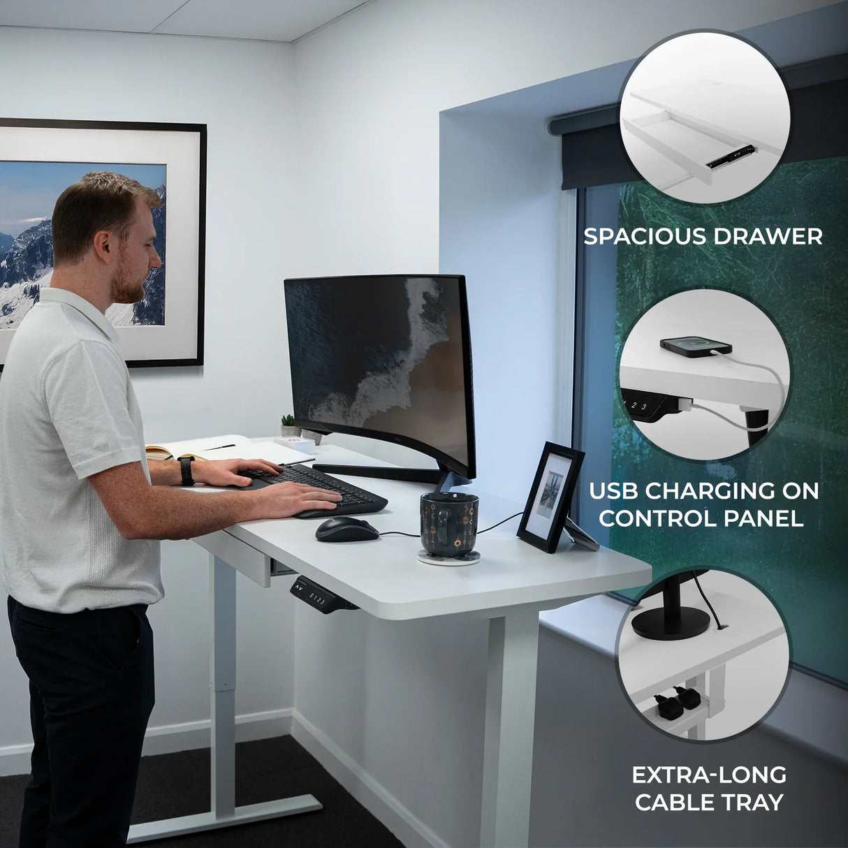 Electric standing desk with a spacious drawer, sleek white finish, USB charging panel, and extra-long cable tray for organization