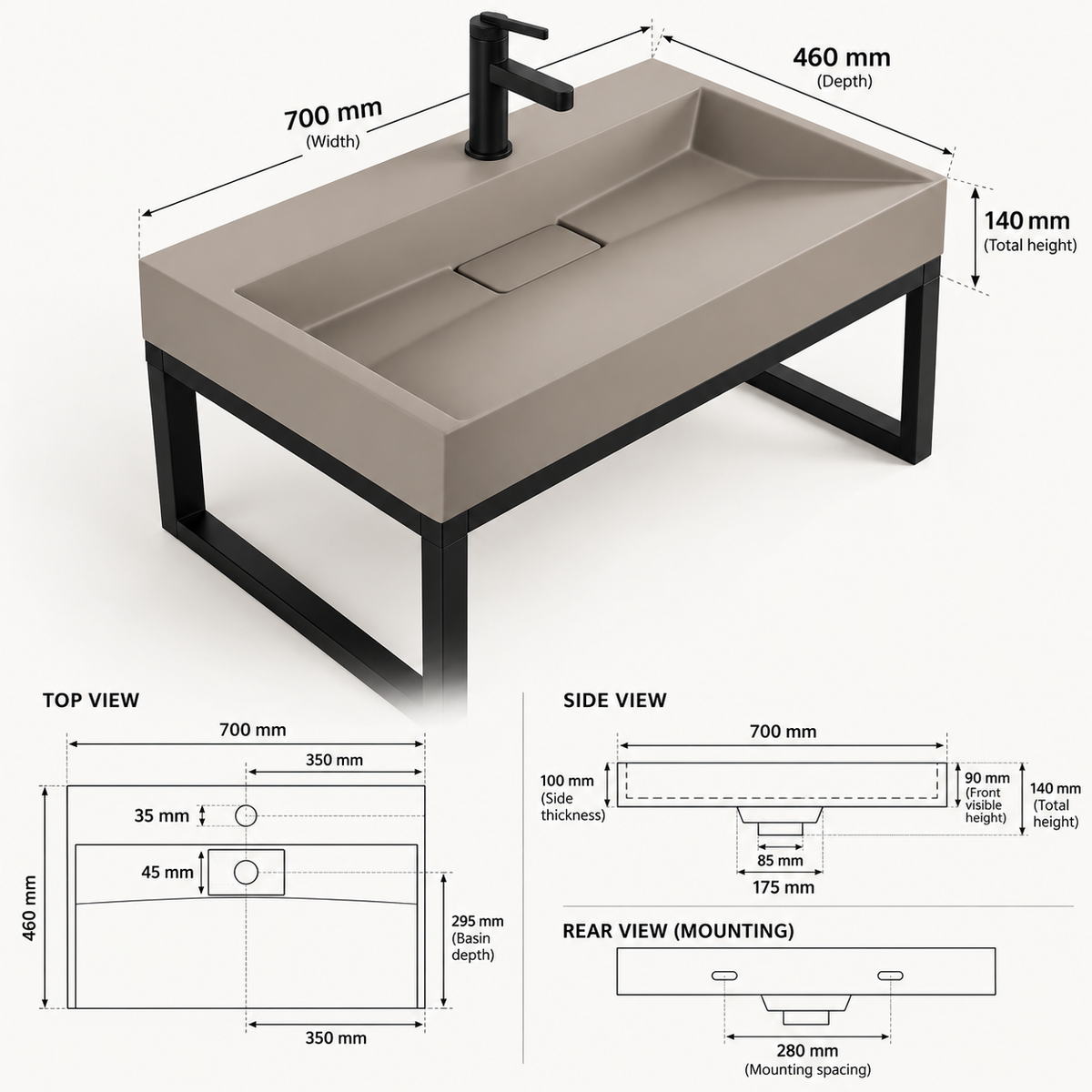 Rectangular Conglomerate Washbasin with Frame – Beige