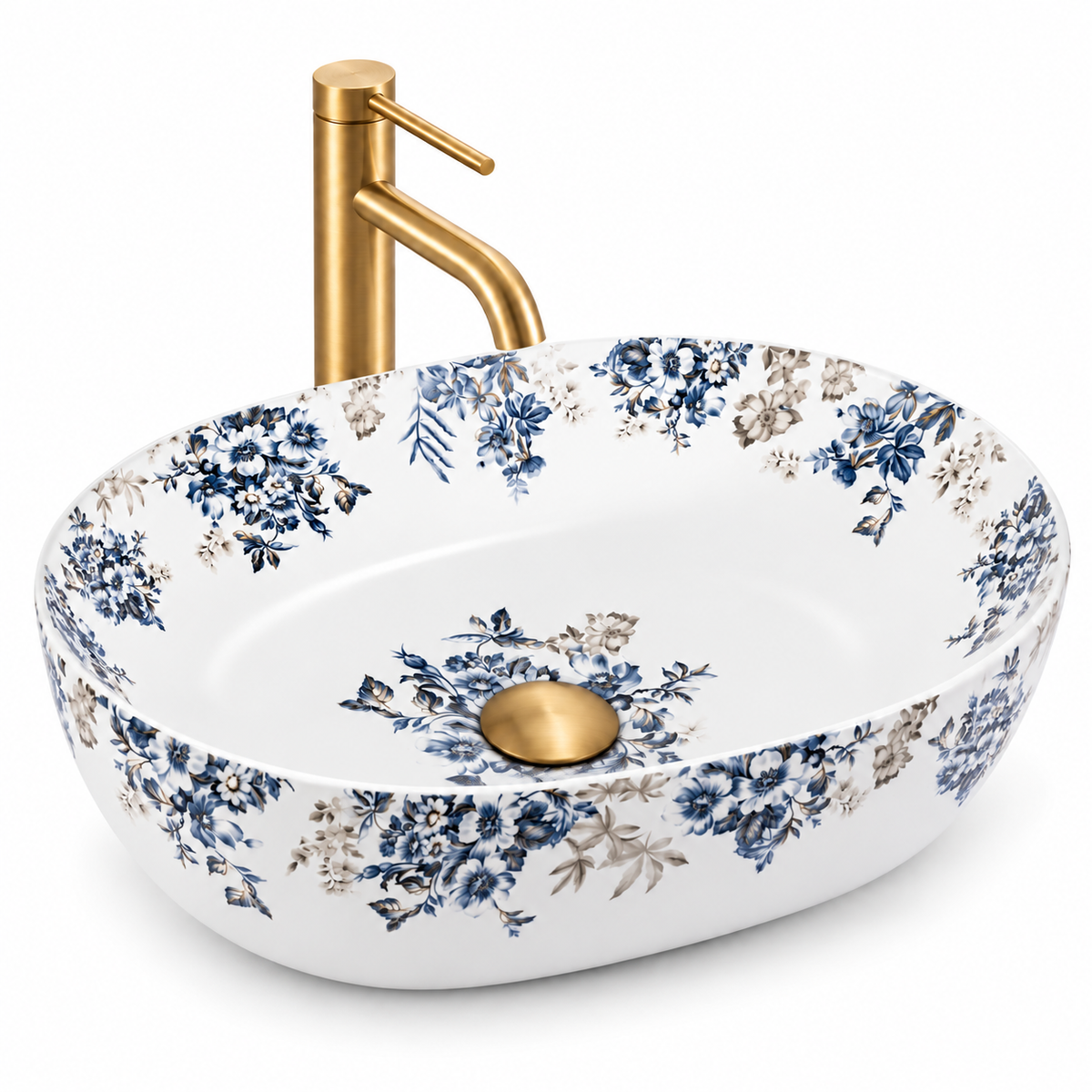 Oval Floral Ceramic Counter-top Basin – Matt White and Blue