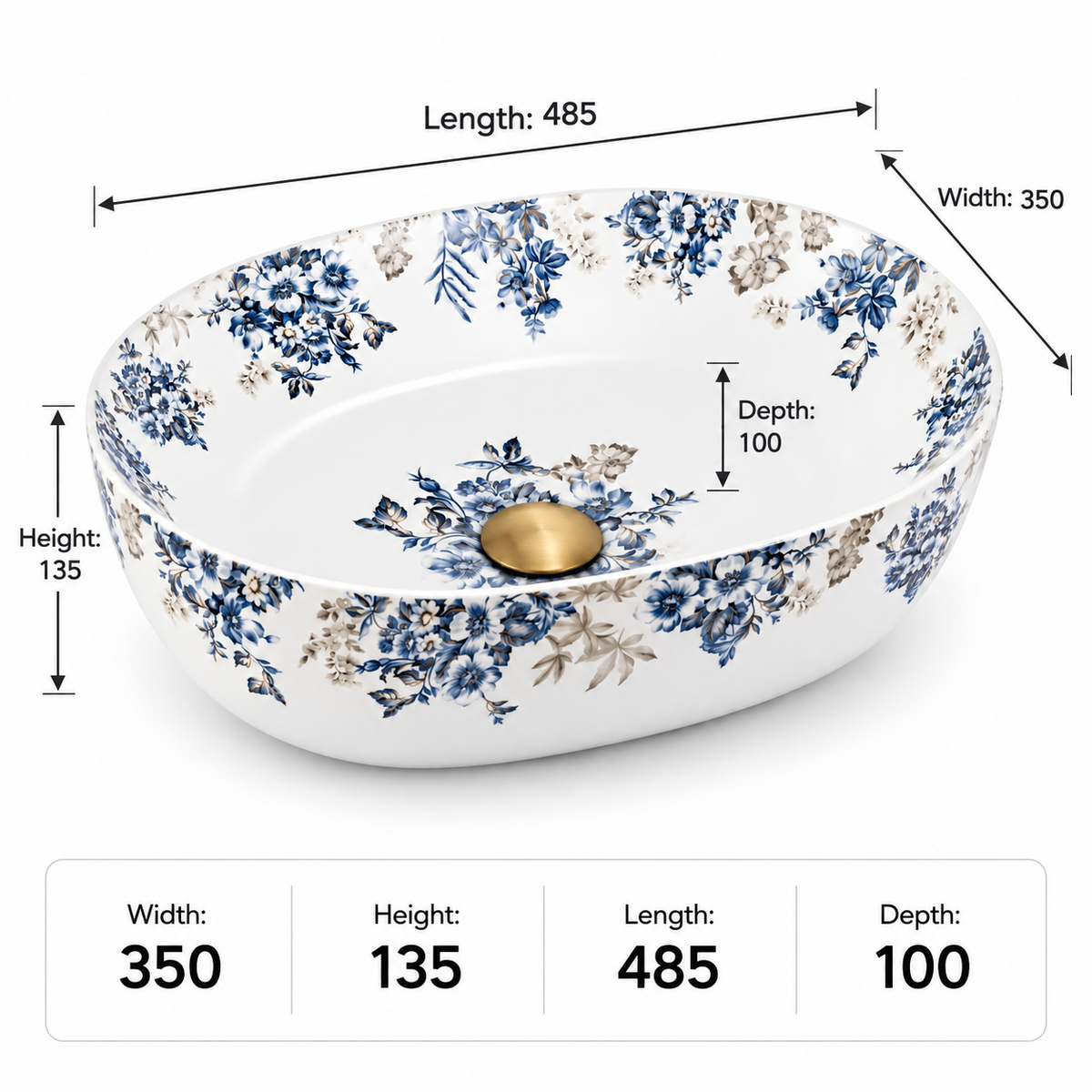 Oval Floral Ceramic Counter-top Basin – Matt White and Blue