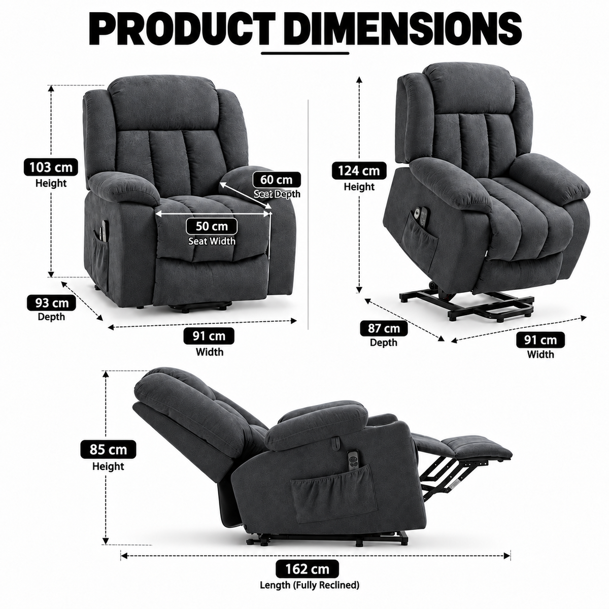 Electric Riser Recliner Chair with 8-Point Massage – Dark Grey