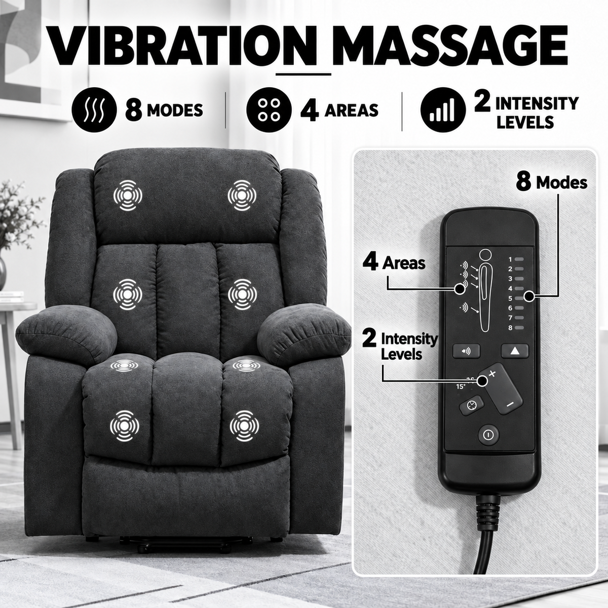 Electric Riser Recliner Chair with 8-Point Massage – Dark Grey