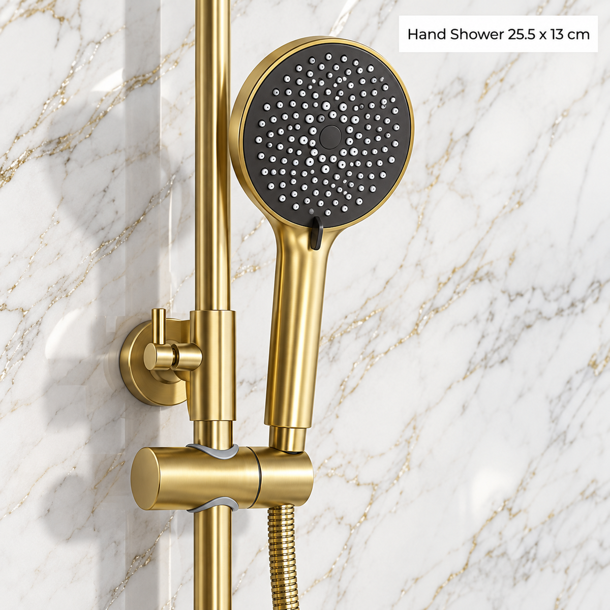 Premium Exposed Shower Set with Rainfall Head and Bath Spout – Brushed Gold