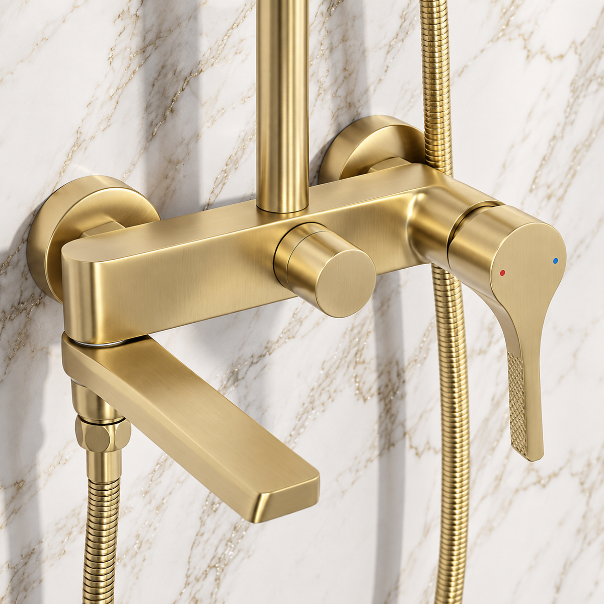 Premium Exposed Shower Set with Rainfall Head and Bath Spout – Brushed Gold