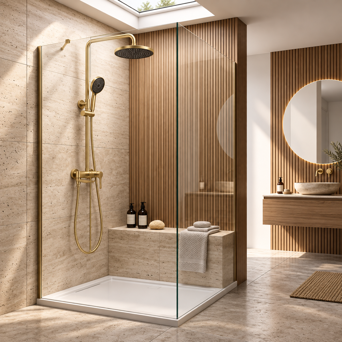 Premium Exposed Shower Set with Rainfall Head and Bath Spout – Brushed Gold