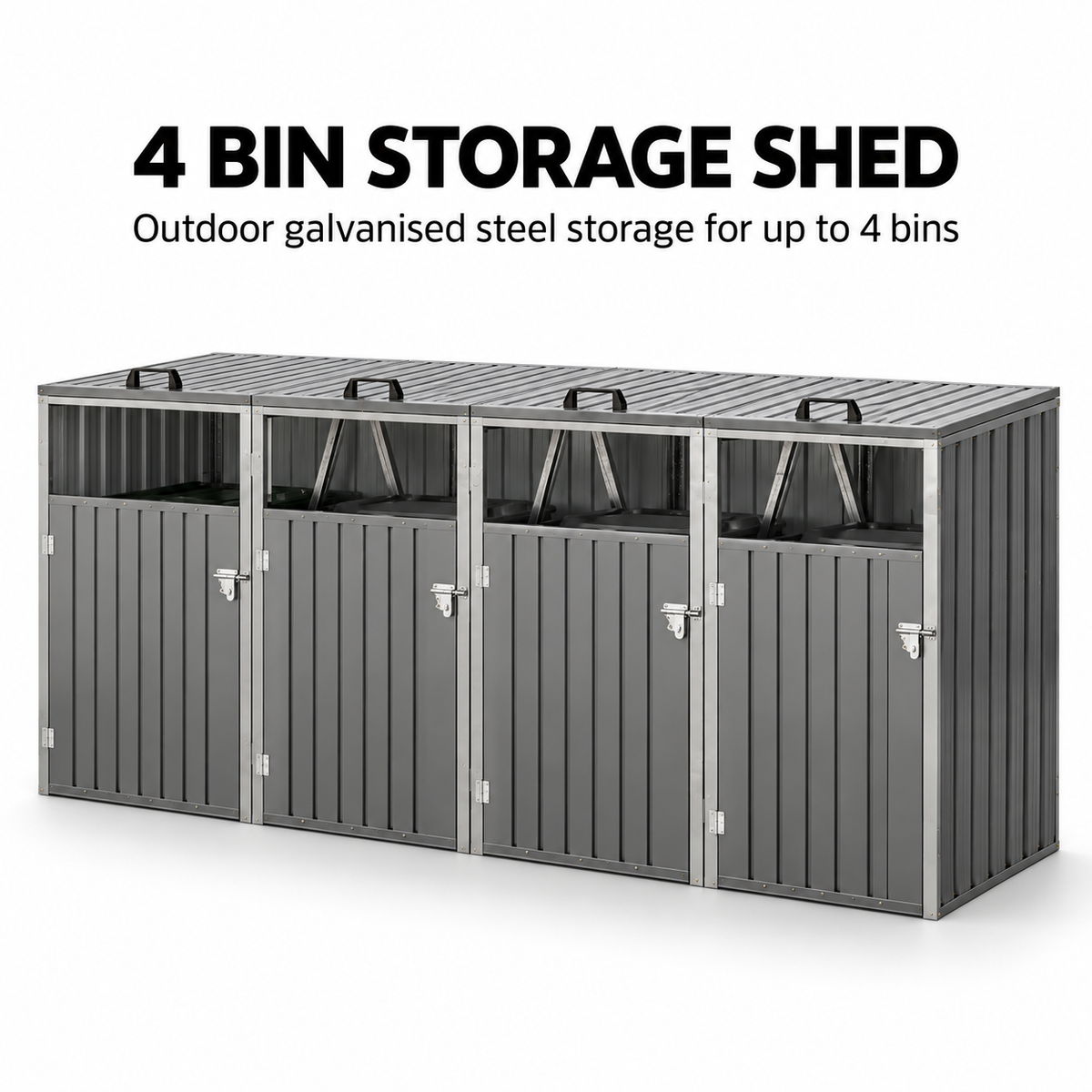 4-Bin Outdoor Storage Shed with Lockable Doors – Galvanised Steel