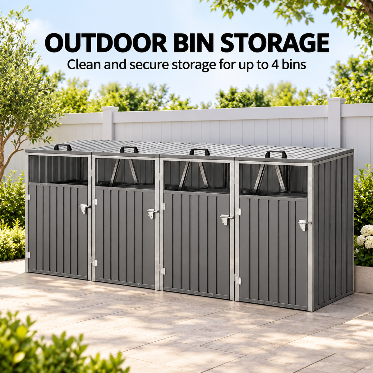 4-Bin Outdoor Storage Shed with Lockable Doors – Galvanised Steel