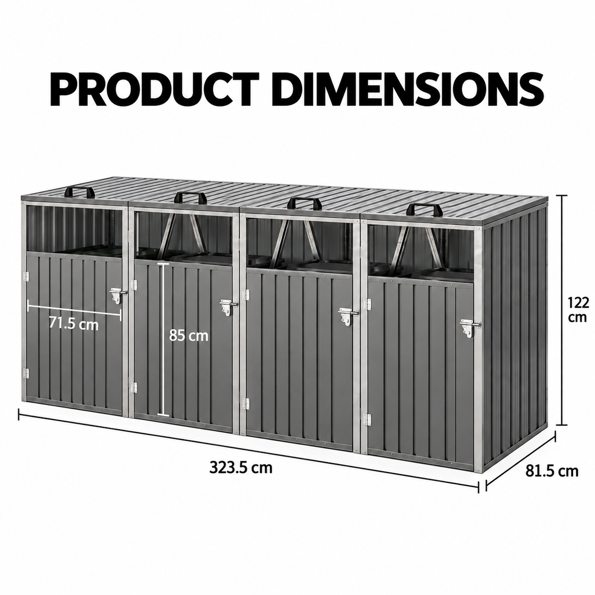4-Bin Outdoor Storage Shed with Lockable Doors – Galvanised Steel
