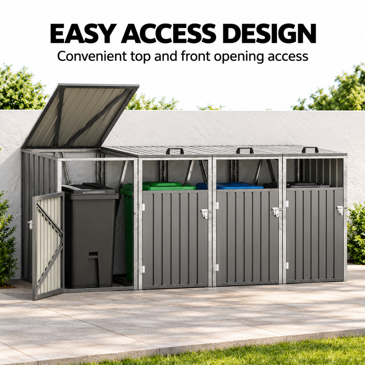 4-Bin Outdoor Storage Shed with Lockable Doors – Galvanised Steel