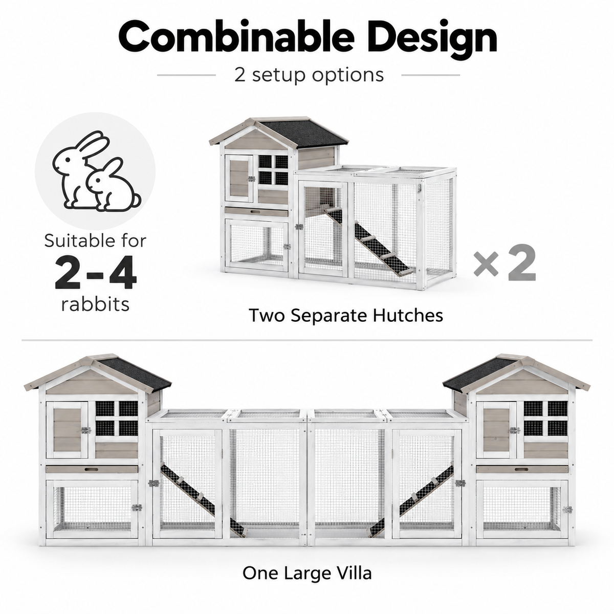 Grey 2-in-1 outdoor rabbit hutch featuring two separate enclosures with sloped roofs, mesh panels, and a spacious layout for 2-4 rabbits
