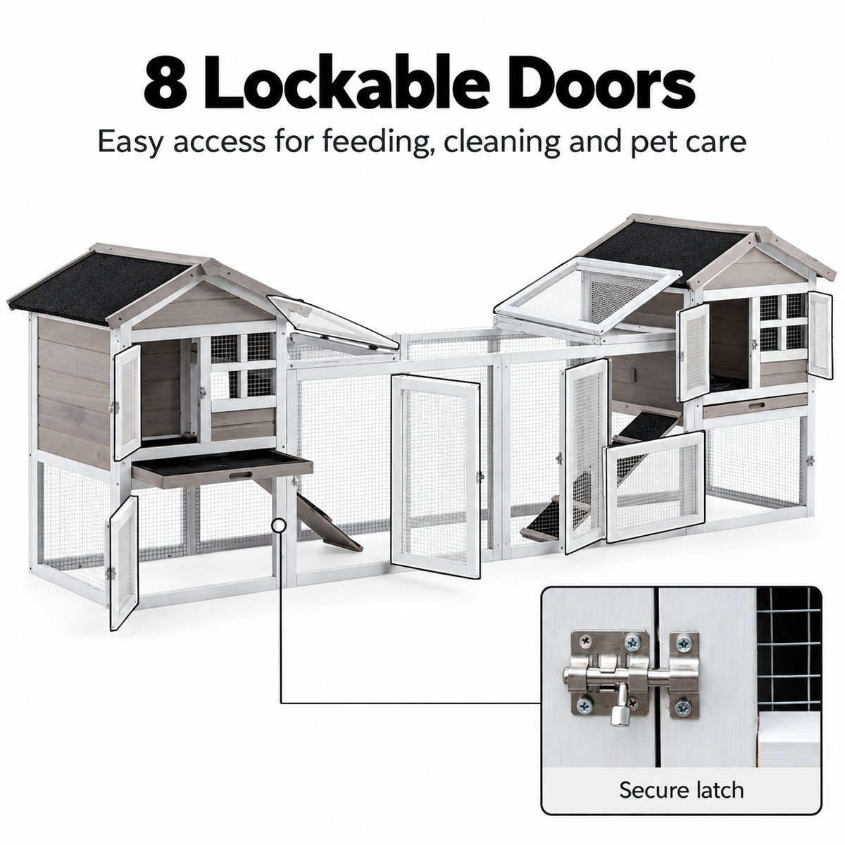 Grey 2-in-1 outdoor rabbit hutch featuring eight lockable doors, mesh panels for ventilation, and a secure latch for safety