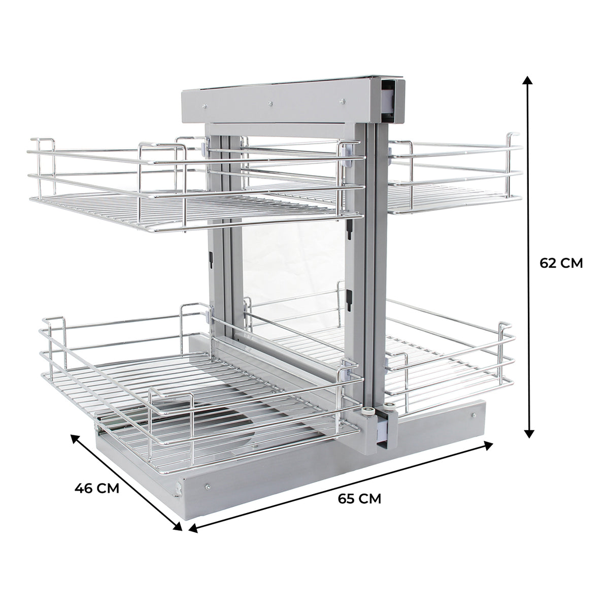 Right-hand pull-out kitchen cupboard drawers with chrome wire racks, featuring a sleek silver finish and modern design for easy access