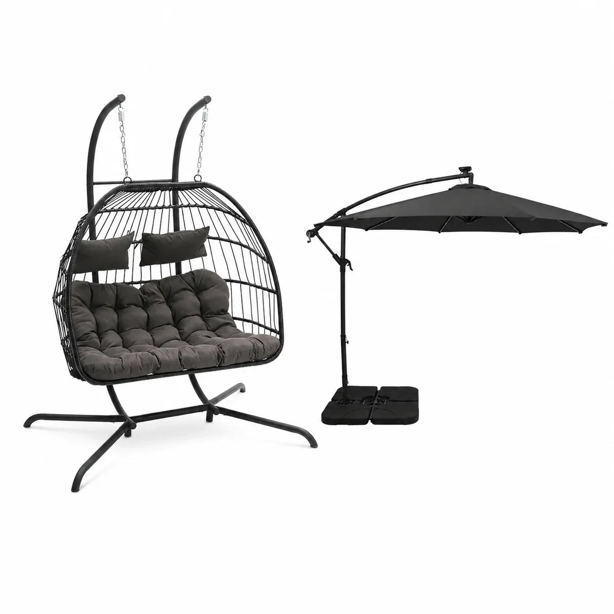 Hanging 2-Seater Egg Chair & Grey 3m LED Cantilever Parasol Bundle
